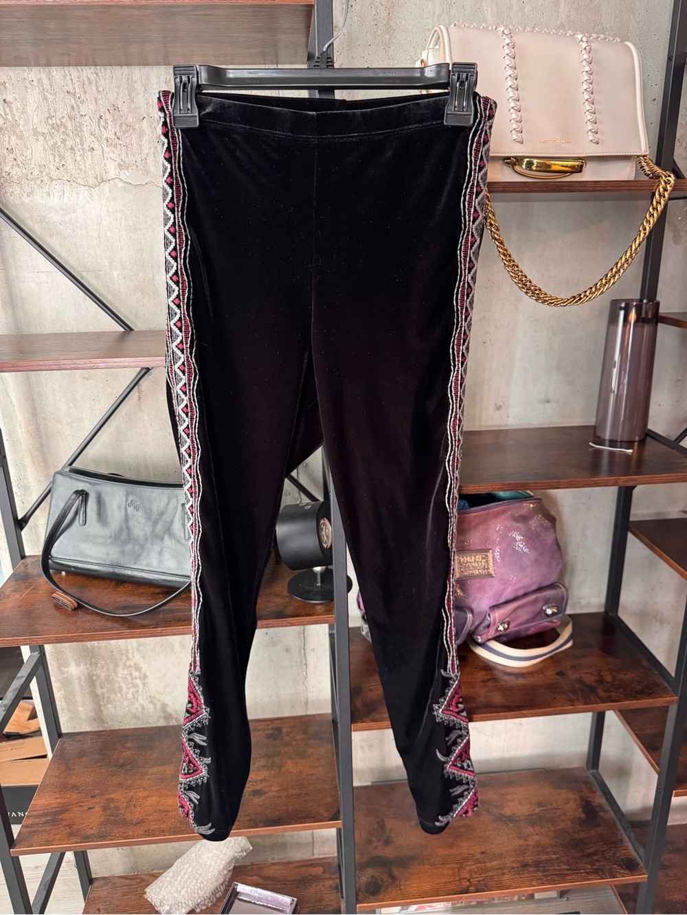 Johnny Was Black Velvet Leggings w/ Embroidered Side Stripes - Size Small NWOT!